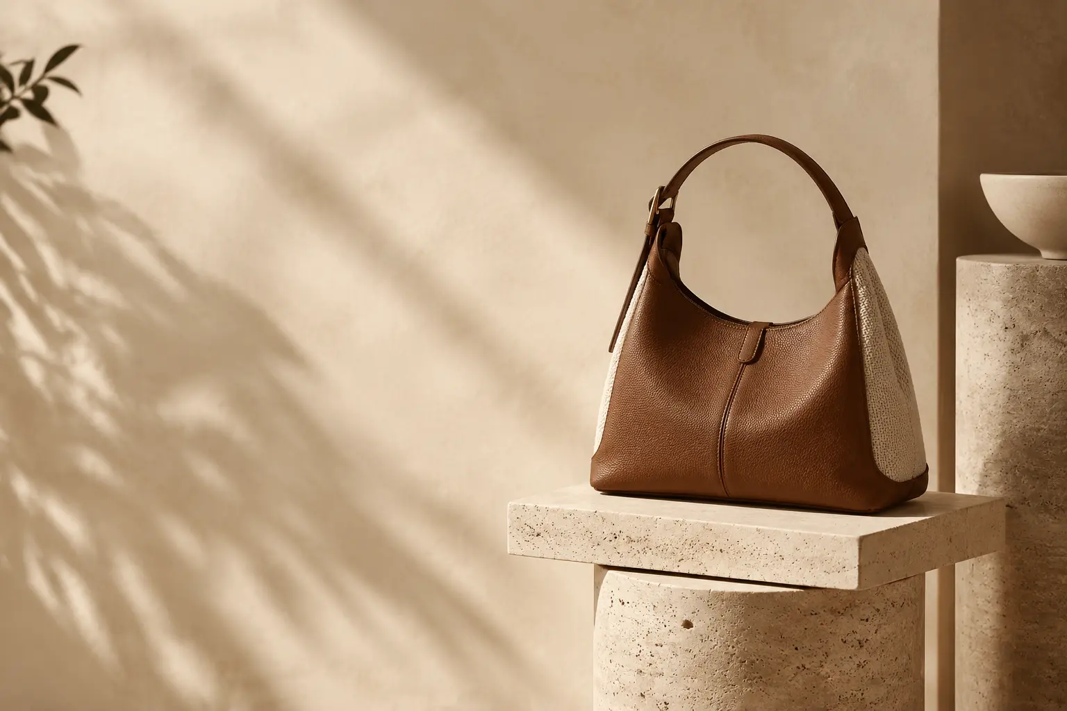 Editorial styling image of a warm brown handbag on a stone pedestal